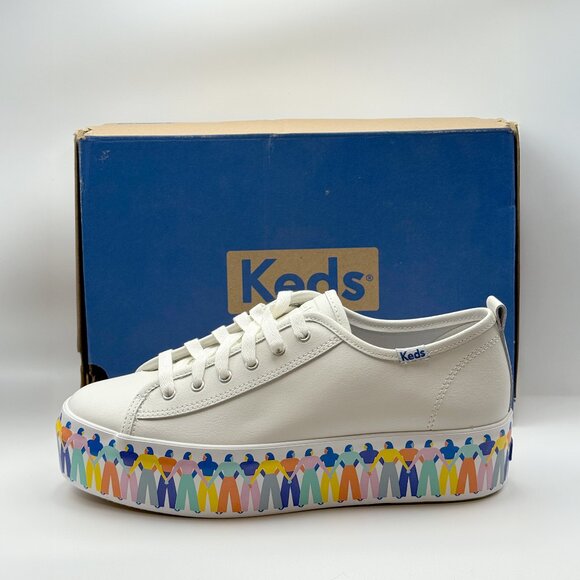 Keds Triple Up Leather Rainbow People White Platform Sneakers - Size 8.5 - NWT - Picture 1 of 8